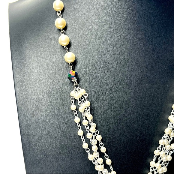 VTG 60's Aurora Borealis Pearl Tassel Matinee Necklace & Earrings Set - Picture 3 of 10